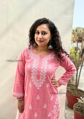 Meera Cotton Chikankari Kurti - Coral Pink